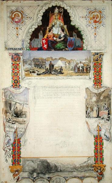 Design for et takkedokument til Bremen fra Hamburg, 1843 (blyant, penn og blekk og wc på papir) av Jacob Gensler