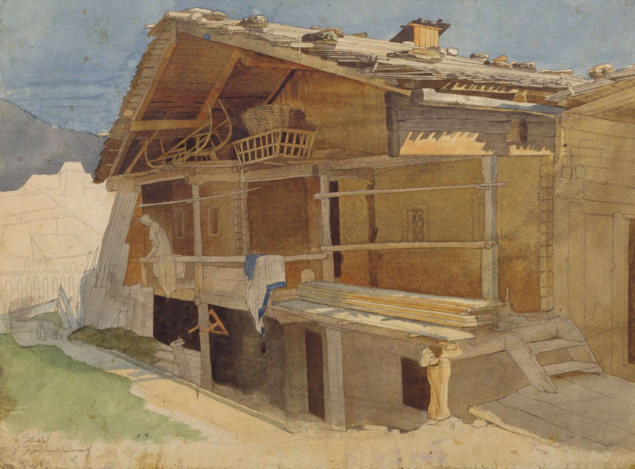 Farmhouse under Construction, 1829 (penn og blekk og wc på papir) av Jacob Gensler