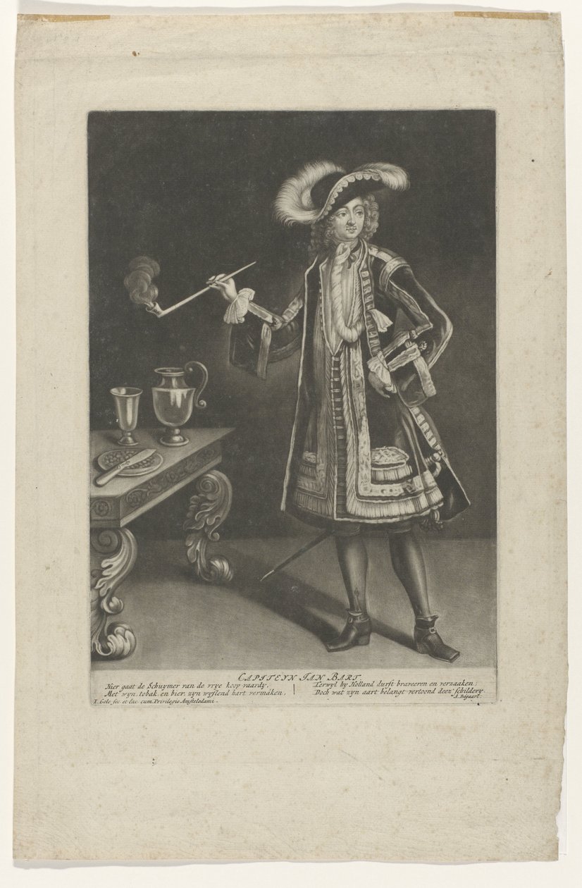 Portrett Kaptein Jan Bart, stående med pipe Kaptein Jan Bart (tittel på objekt) av Jacob Gole