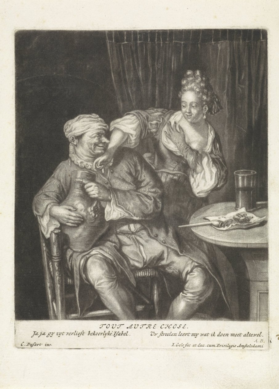 Kvinne og mann med en vinmugge Tout Autre Chose (tittel på objekt) av Jacob Gole