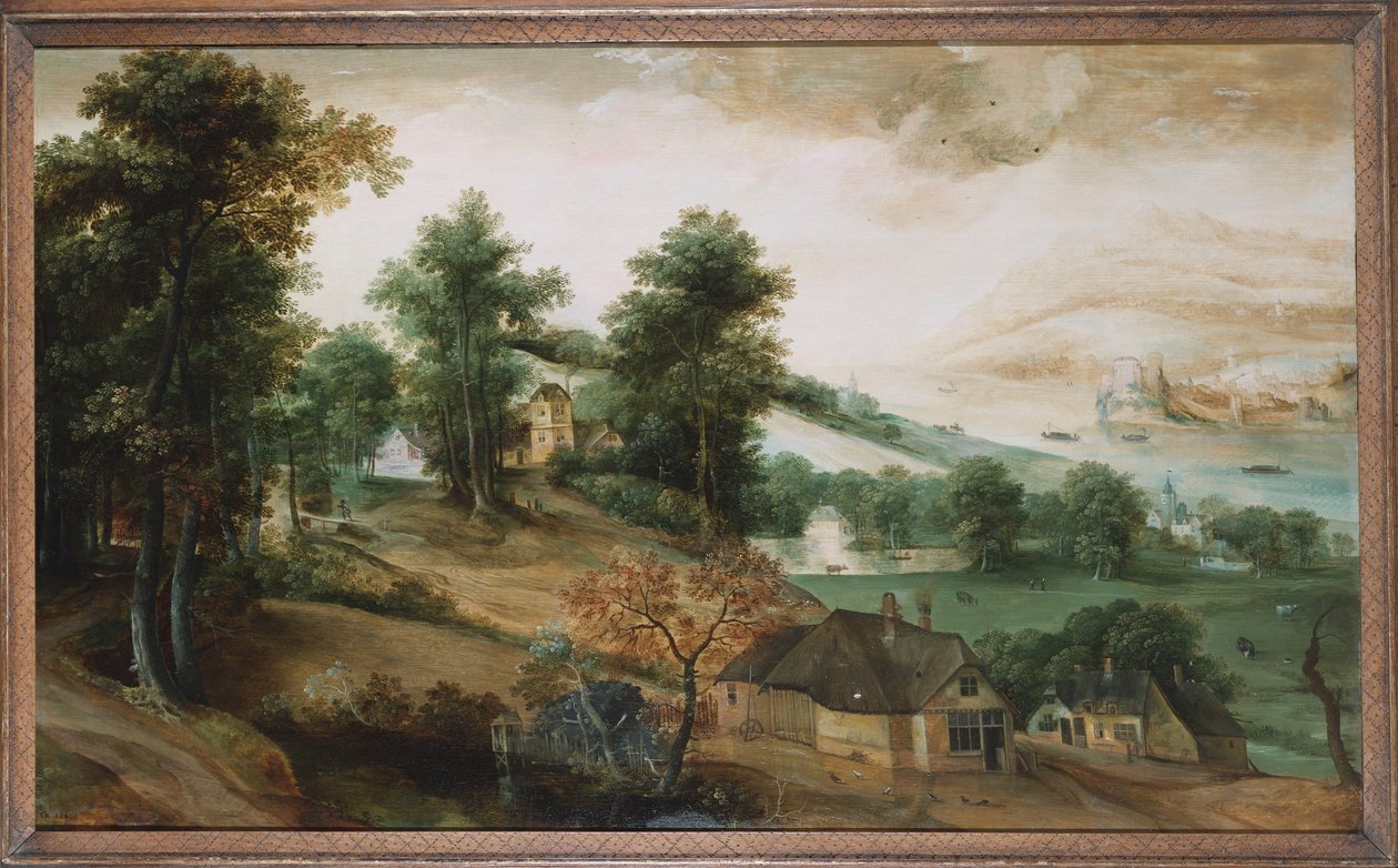 Et omfattende landskap med hytter i forgrunnen, 1561 av Jacob Grimmer