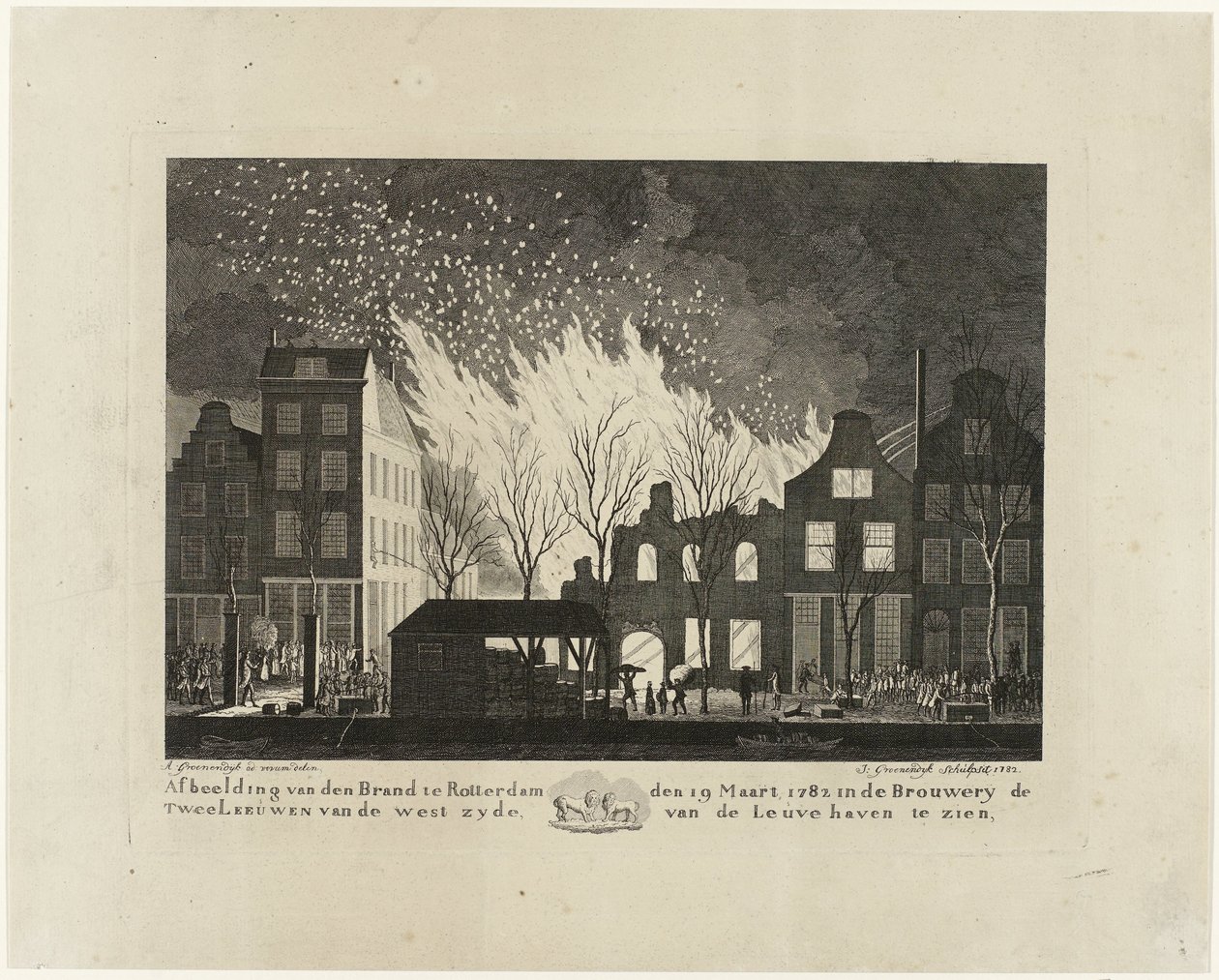 Brann i De Twee Leeuwen-bryggeriet i Rotterdam, 1782 Bilde av den Brand i Rotterdam 19. mars 1782 i Brouwery de Twee Leeuwen fra vestsiden av Leuvehaven (tittel på objekt) av Jacob Groenendijk