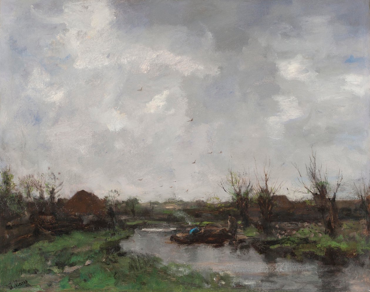 Et elvelandskap med gårdshus, slutten av 1870-tallet av Jacob Henricus or Hendricus Maris