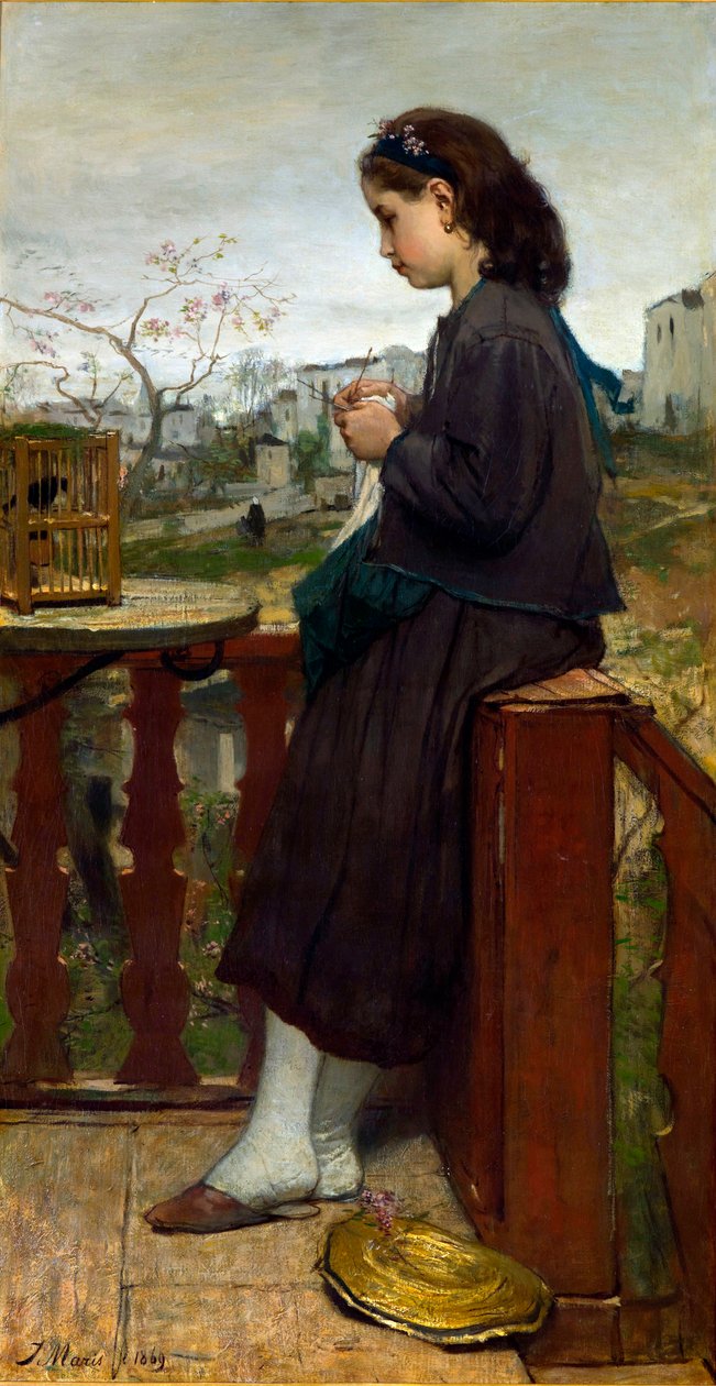 ""Ung jente strikker på en balkong, Montmartre, Paris"" (Jente strikker på en balkong, Montmartre) Maleri av Jacob Maris (1837-1899) - 1869 - Olje på lerret Dim 110x75,7 cm Gemeentemuseum Den Haag av Jacob Henricus or Hendricus Maris