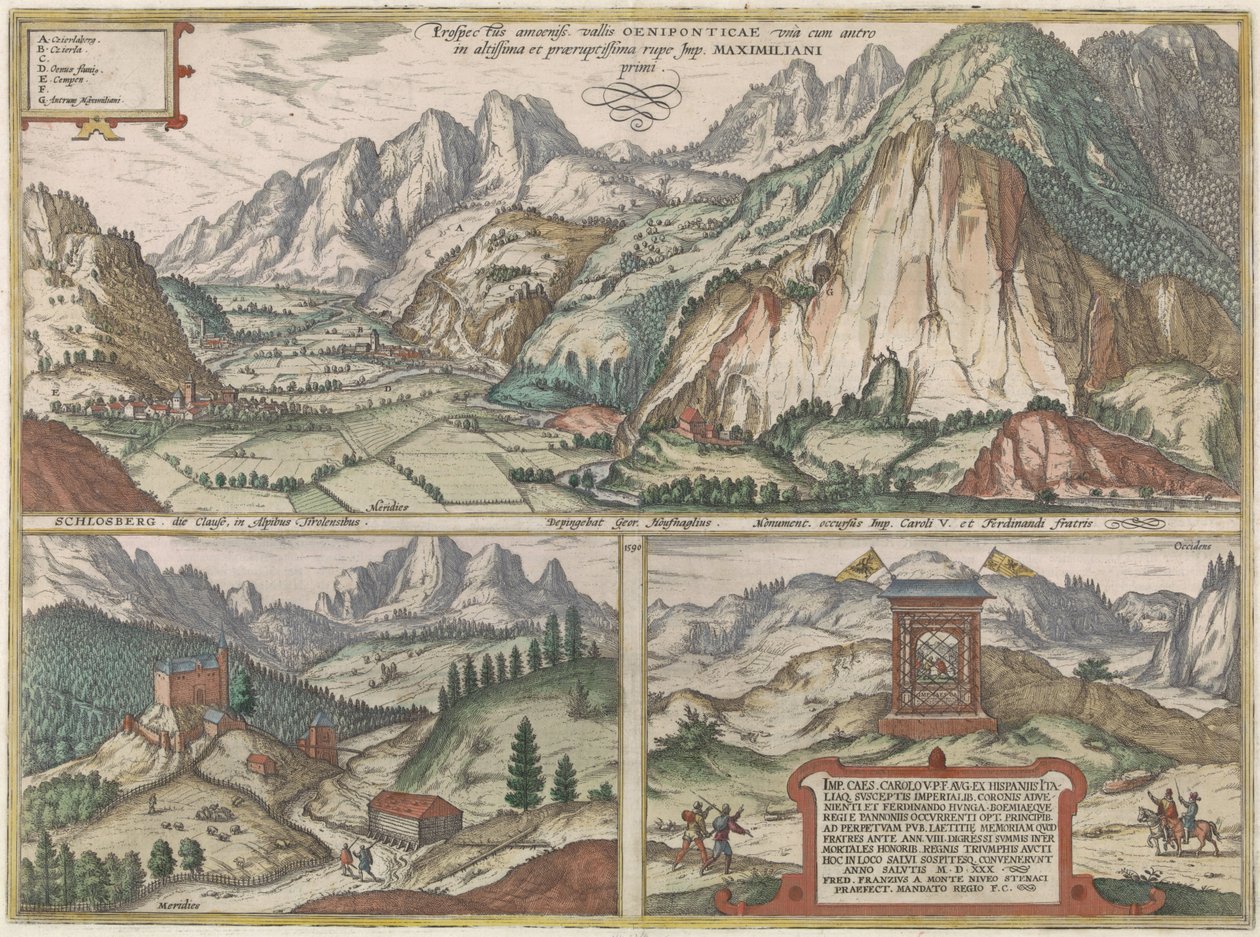 Tre ansikter i og rundt Inn-dalen i Østerrike, med Alpene i bakgrunnen av Jacob Hoefnagel (possibly)