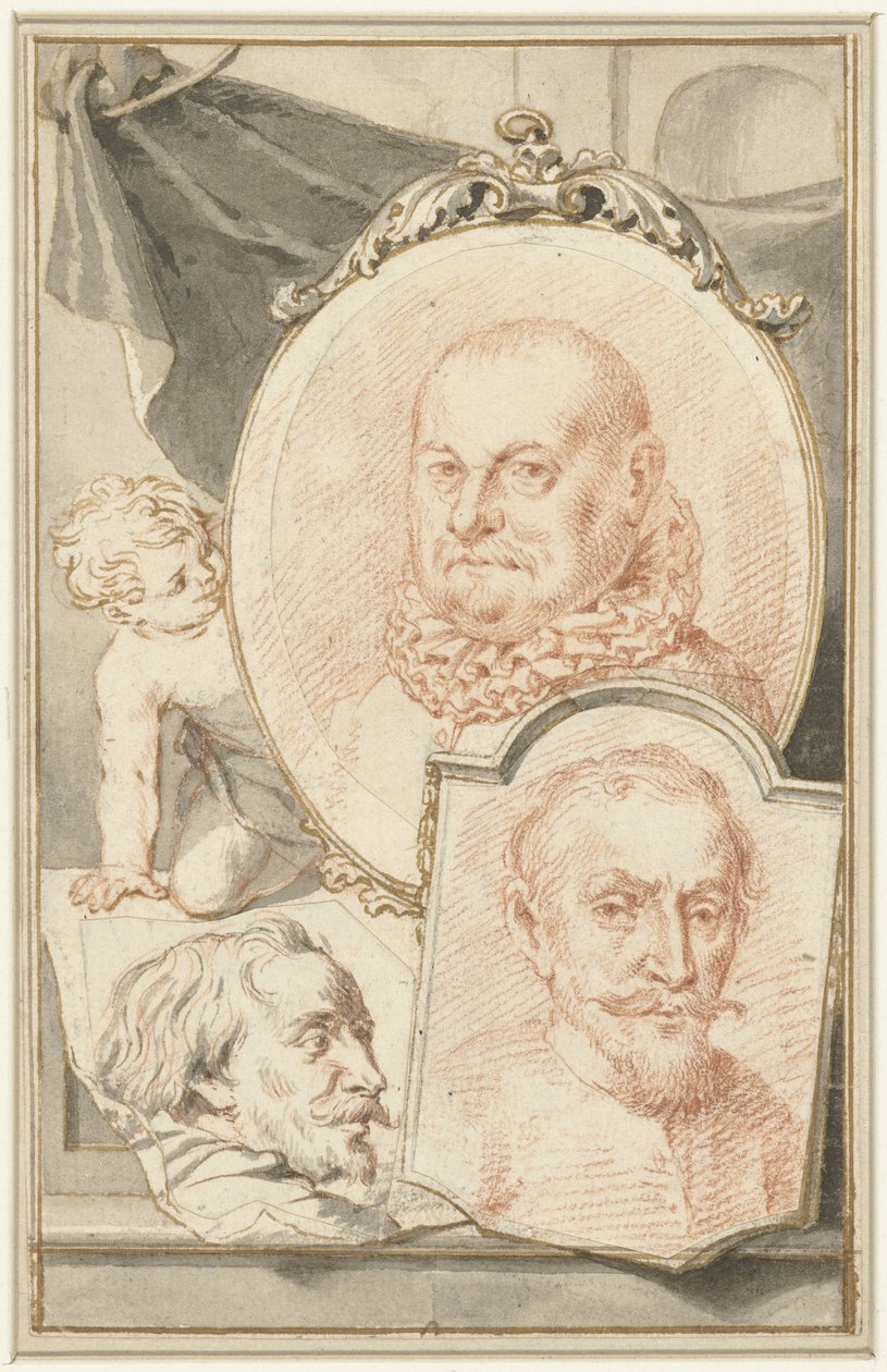 Portretter av Roelant Savery, Frans Snijders og Theodoor Rombouts av Jacob Houbraken