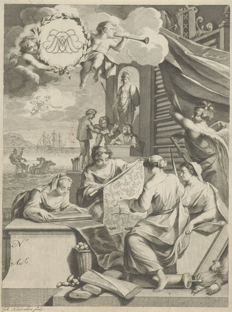 Silkehandel og allegoriske figurer av Jacob Houbraken