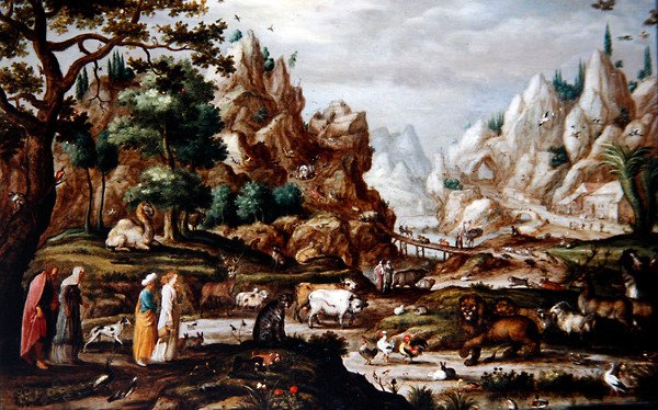 Et steinete landskap med Noah og dyrene (olje på panel) av Jacob II (circle of) Savery