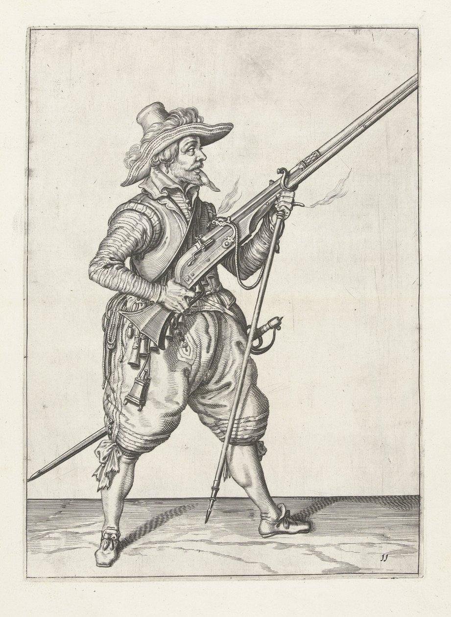 Musketer plasserer furketen sin under, ca. 1600 av Jacob II de Gheyn