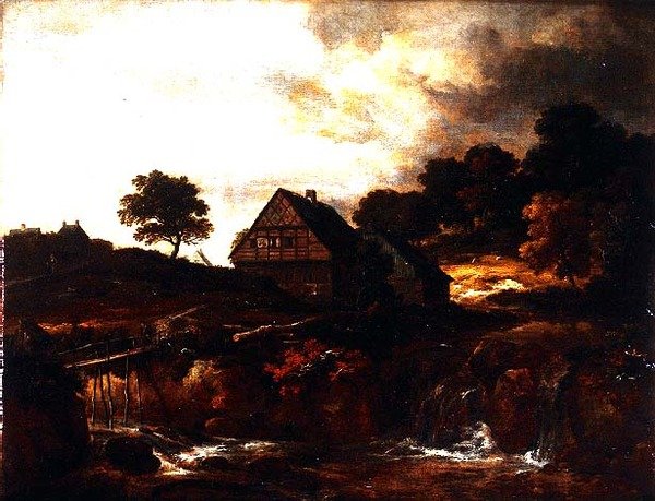 Skogkledd landskap med bonde på en bro over en torrent av Jacob I. van (follower of) Ruisdael