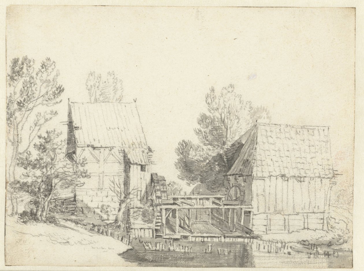 Utsikt over to vannmøller av Jacob Isaacksz van Ruisdael (school of)