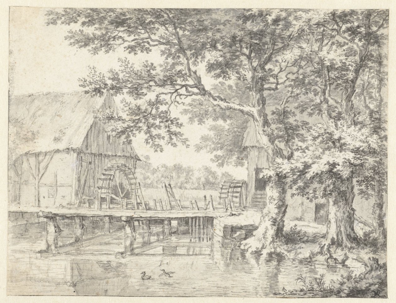 Utsikt over to vannmøller som flankerer en sluse av Jacob van Ruisdael