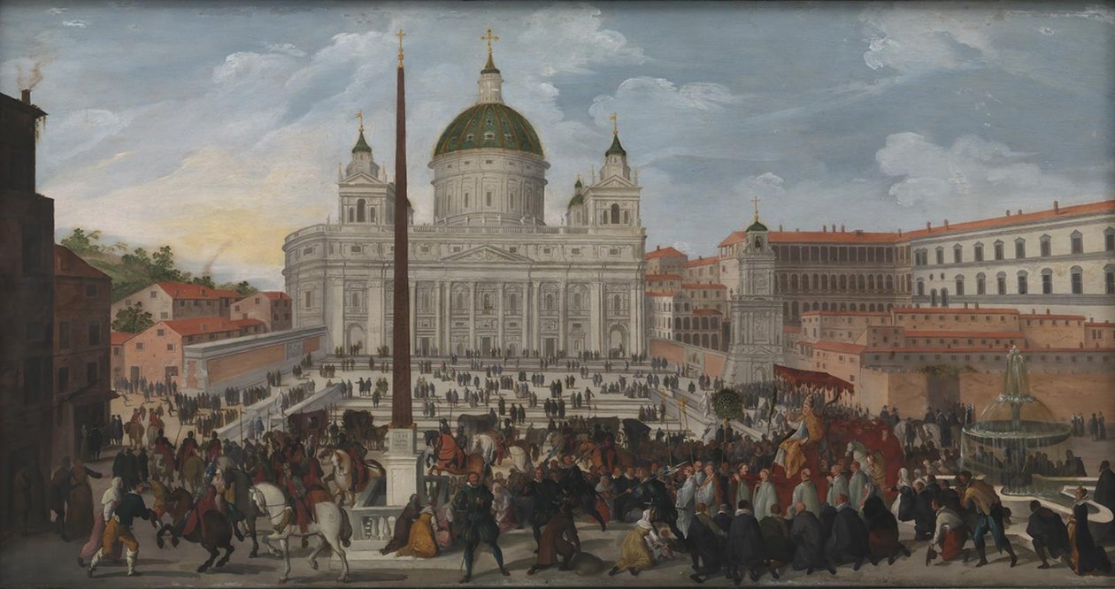 En pavelig prosesjon på Piazza San Pietro i Roma av Jacob Isaacsz. van Swanenburg