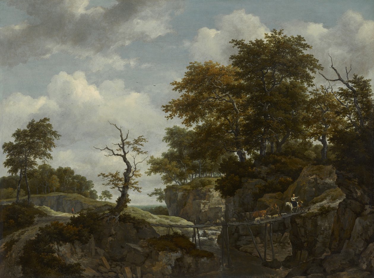 Landskap med bro, kveg og figurer, ca. 1660 av Jacob van Ruisdael
