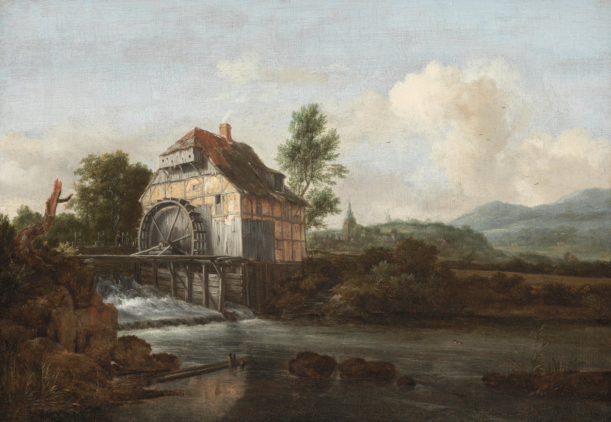 Landskap med vannmølle, ca. 1680 av Jacob van Ruisdael