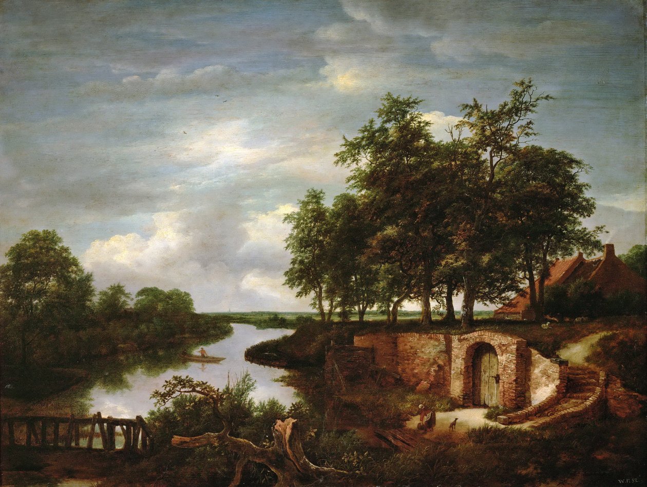 Elvelandskap med kjellerinngang - Jacob Isaacksz van Ruisdael (1628/29-1682). olje på tre av Jacob van Ruisdael