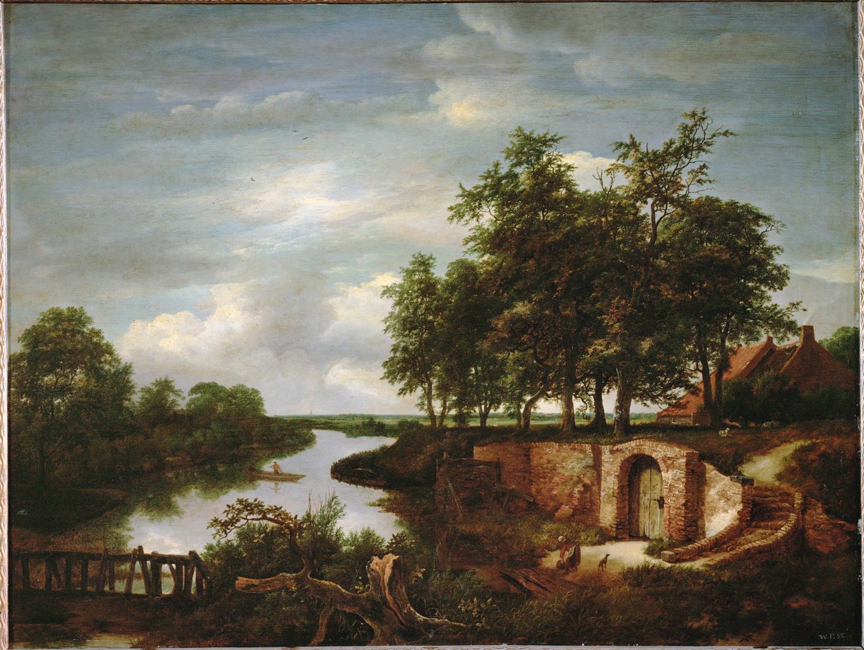 Elvelandskap og inngang til en kjeller (maleri på eik) av Jacob Isaaksz. or Isaacksz. van Ruisdael