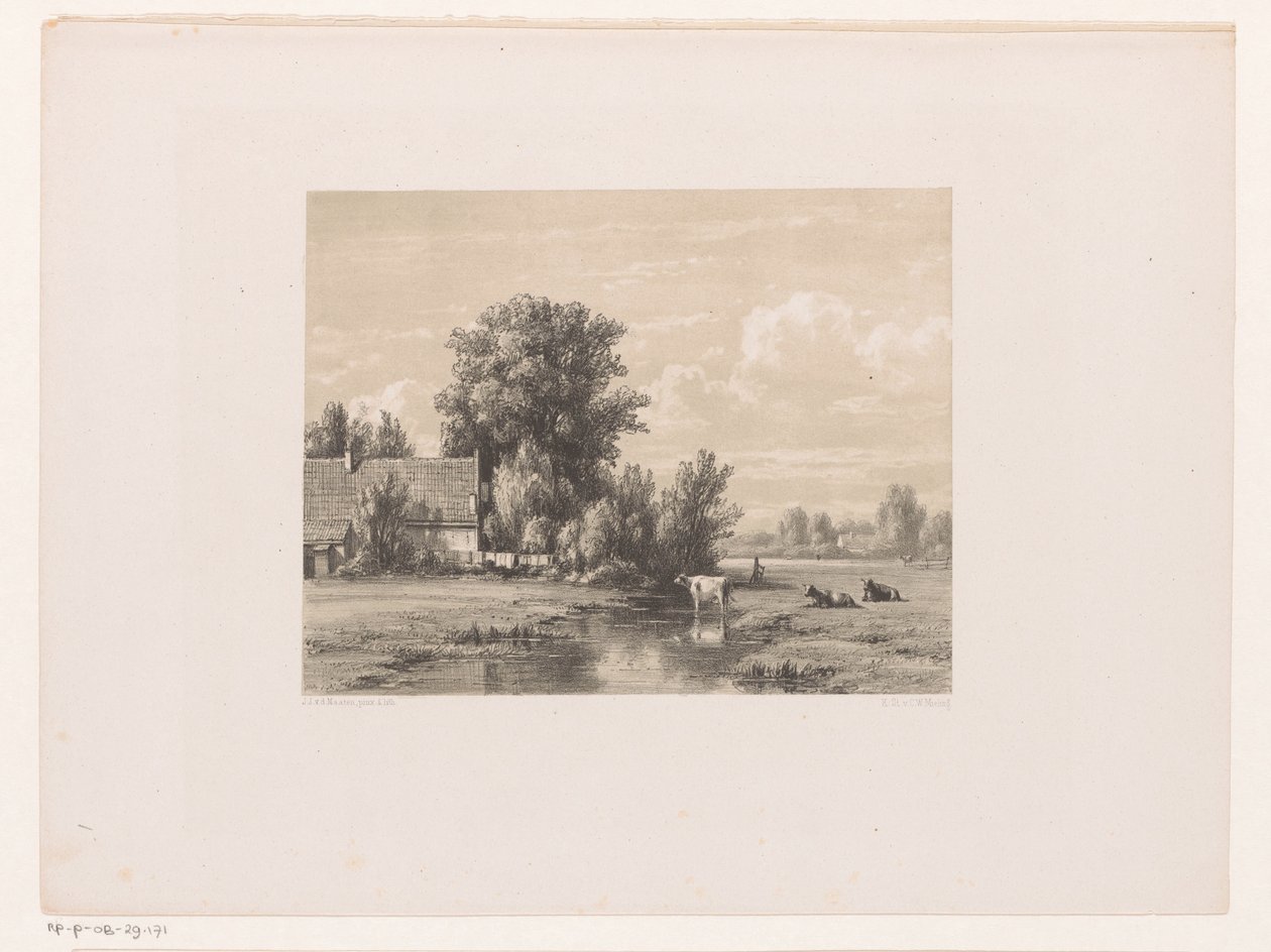 Landskap med gård og ku i vannet av Jacob Jan van der Maaten
