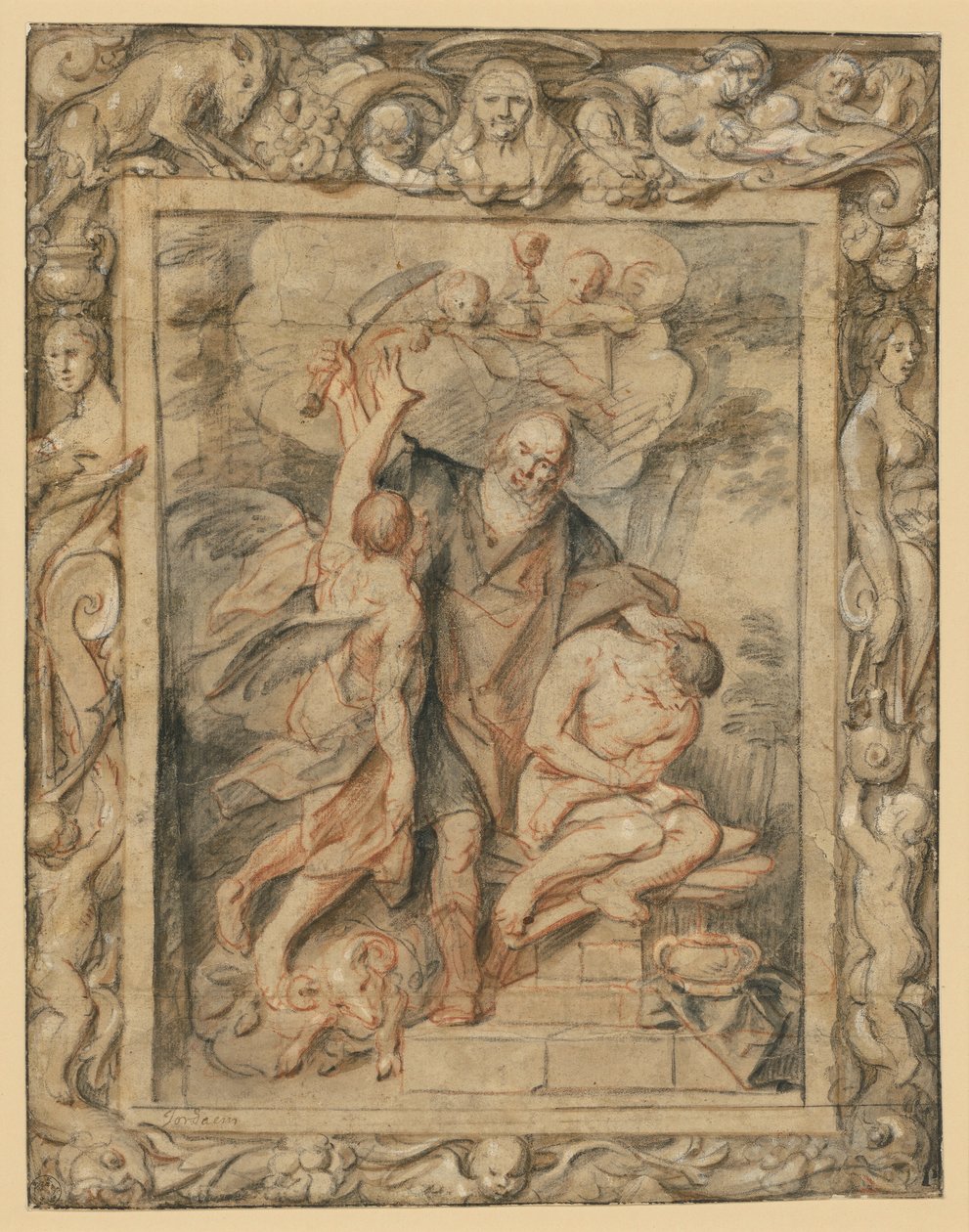 Isaks ofring (1 Mos. 22,1-12) i en figurativ bord av Jacob Jordaens
