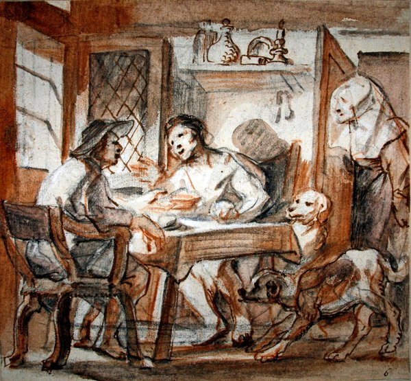 Esau selger sin førstefødselsrett til Jakob (svart og rødt kritt, penn og brunt blekk, brun vask, forhøyet med hvitt) av Jacob Jordaens