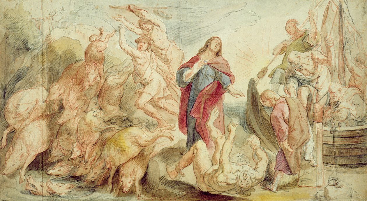 Jesus driver djevelen fra de besatte (kritt og wc på papir) av Jacob Jordaens