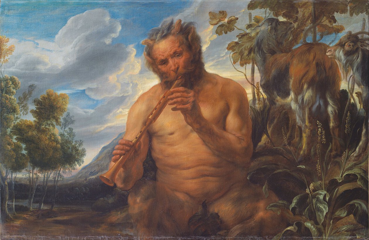 Satyr Playing the Pipe Jupiters Childhood, ca 1639 av Jacob Jordaens