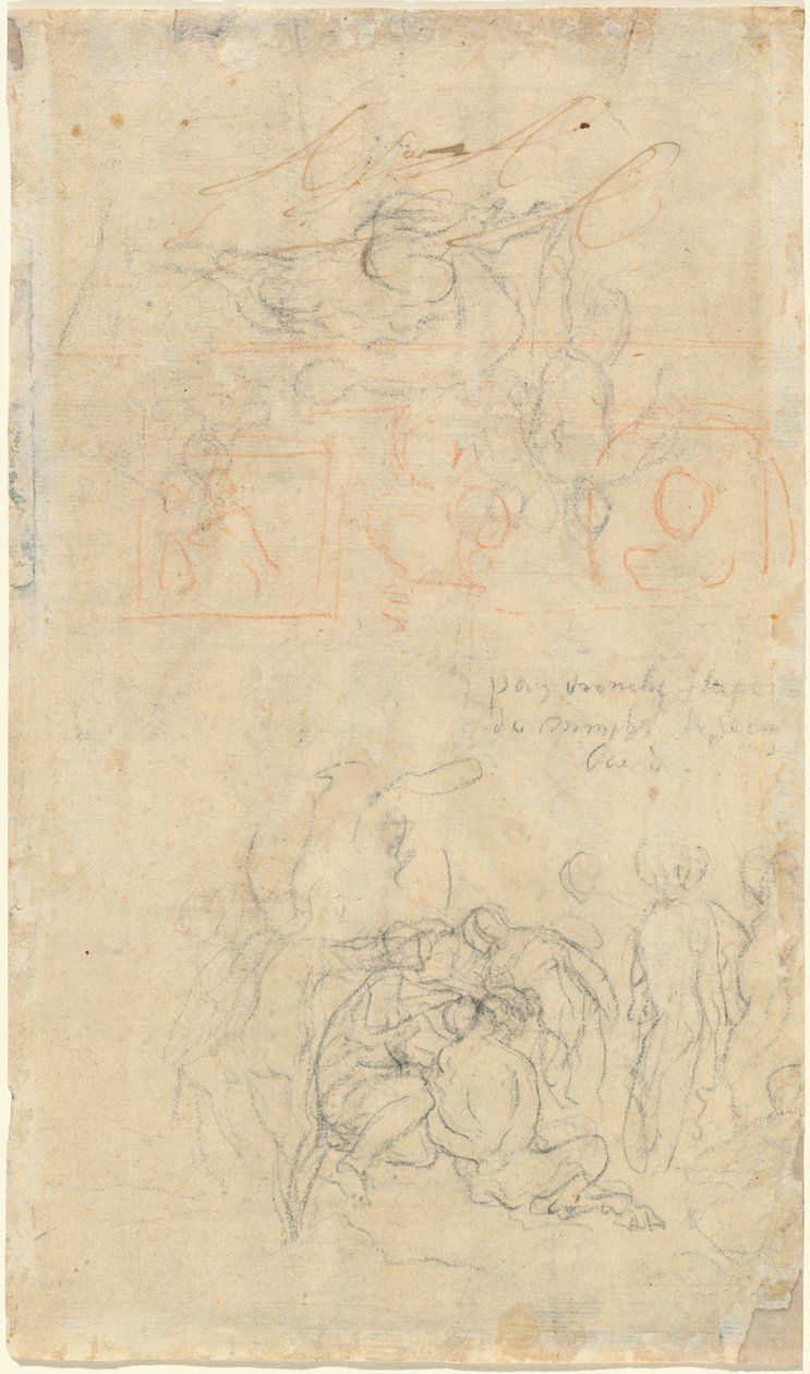 Ark med studier med Drunken Pan and Nymphs [verso] av Jacob Jordaens