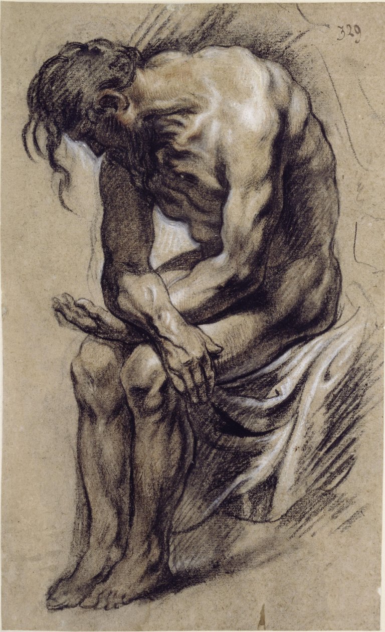 Sittende naken mann, studie til en Kristus under tornekroningen av Jacob Jordaens