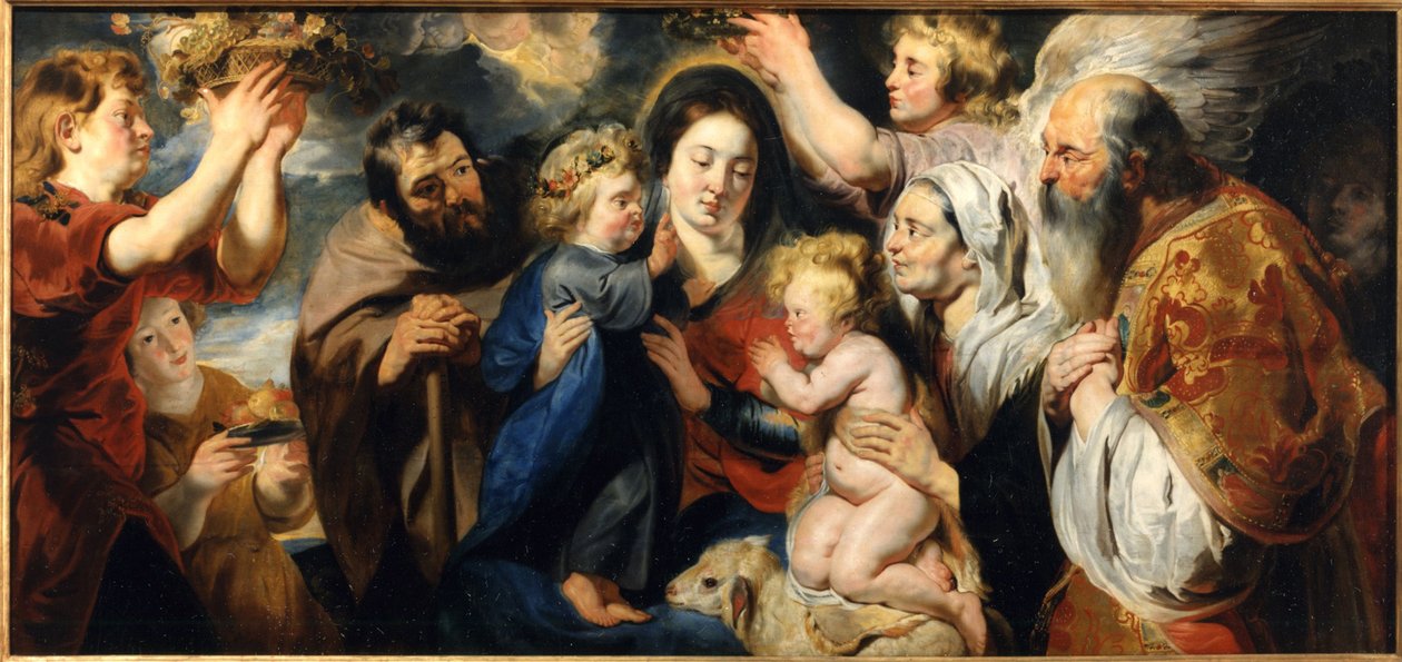 Den hellige familie med den unge døperen Johannes og engler, ca. 1616-1617. av Jacob Jordaens