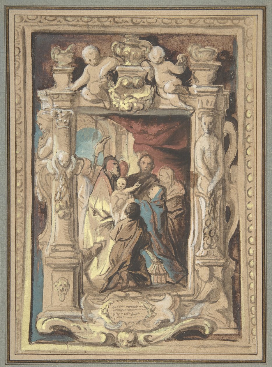 Presentasjonen i tempelet, med et design for en skulpturert ramme, ca. 1630-1635. av Jacob Jordaens