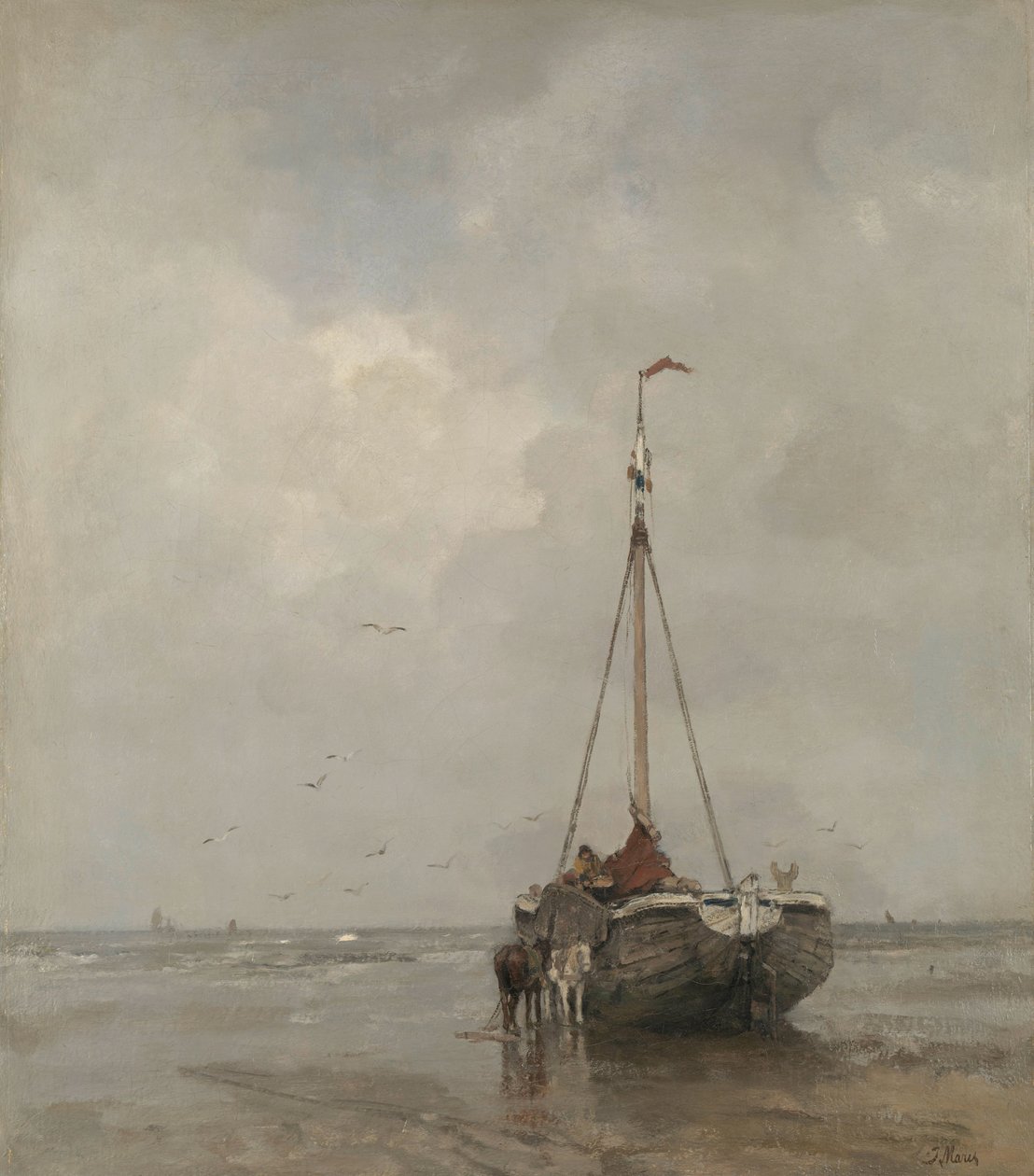 Bløff-buet fiskebåt på stranden ved Scheveningen Bomschuit på Scheveningen-stranden av Jacob Maris