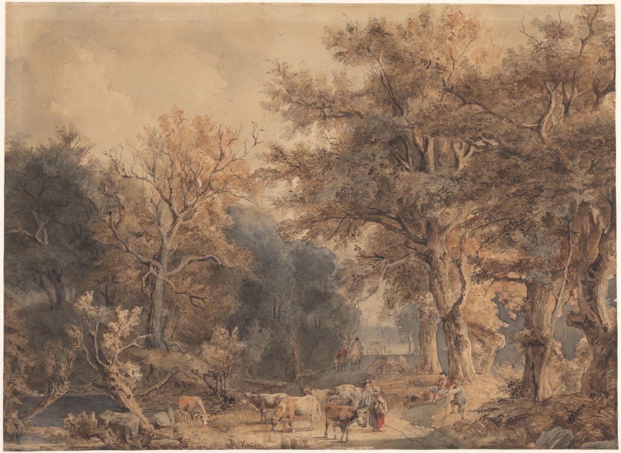 Skoglandskap med figurer og storfe av Jacob Maris