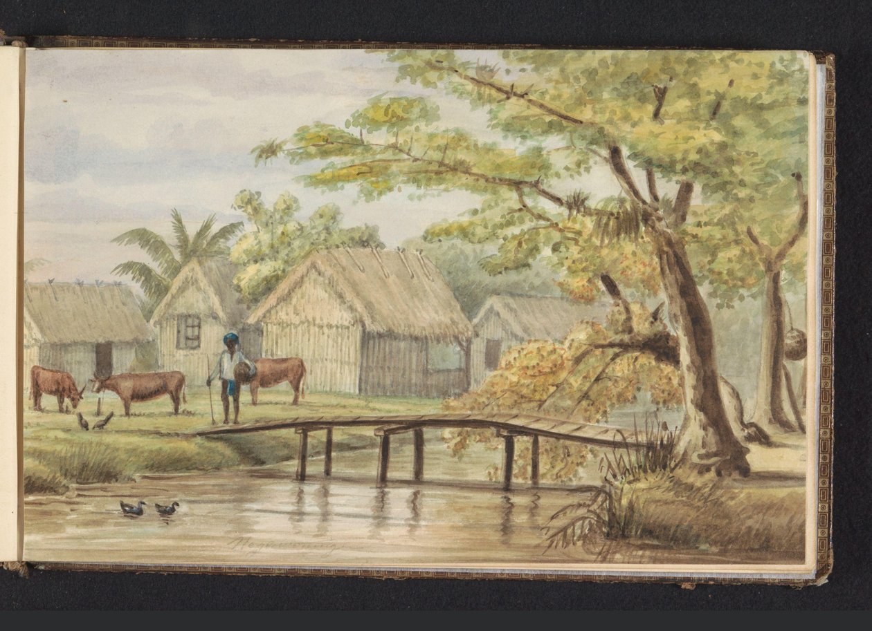 Slaveboliger på kaffeplantasjen SorgvlietSlavebolig (tittel på objekt)Utsikt over de svarte husene på plan(antage) Sorgvliet (tittel på objekt)Album med tegninger av Surinam, s.5 (50) (serietittel) av Jacob Marius Adriaan Martini van Geffen