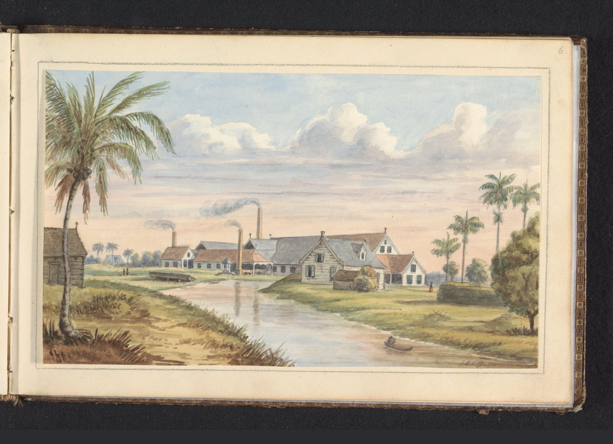 Sukkerplantasje Visserszorg ved Commewijne-elven Fabryk op pl.(antage) Visserszorg (tittel på objekt) Album med tegninger av Surinam, s.6 (50) (serietittel) av Jacob Marius Adriaan Martini van Geffen