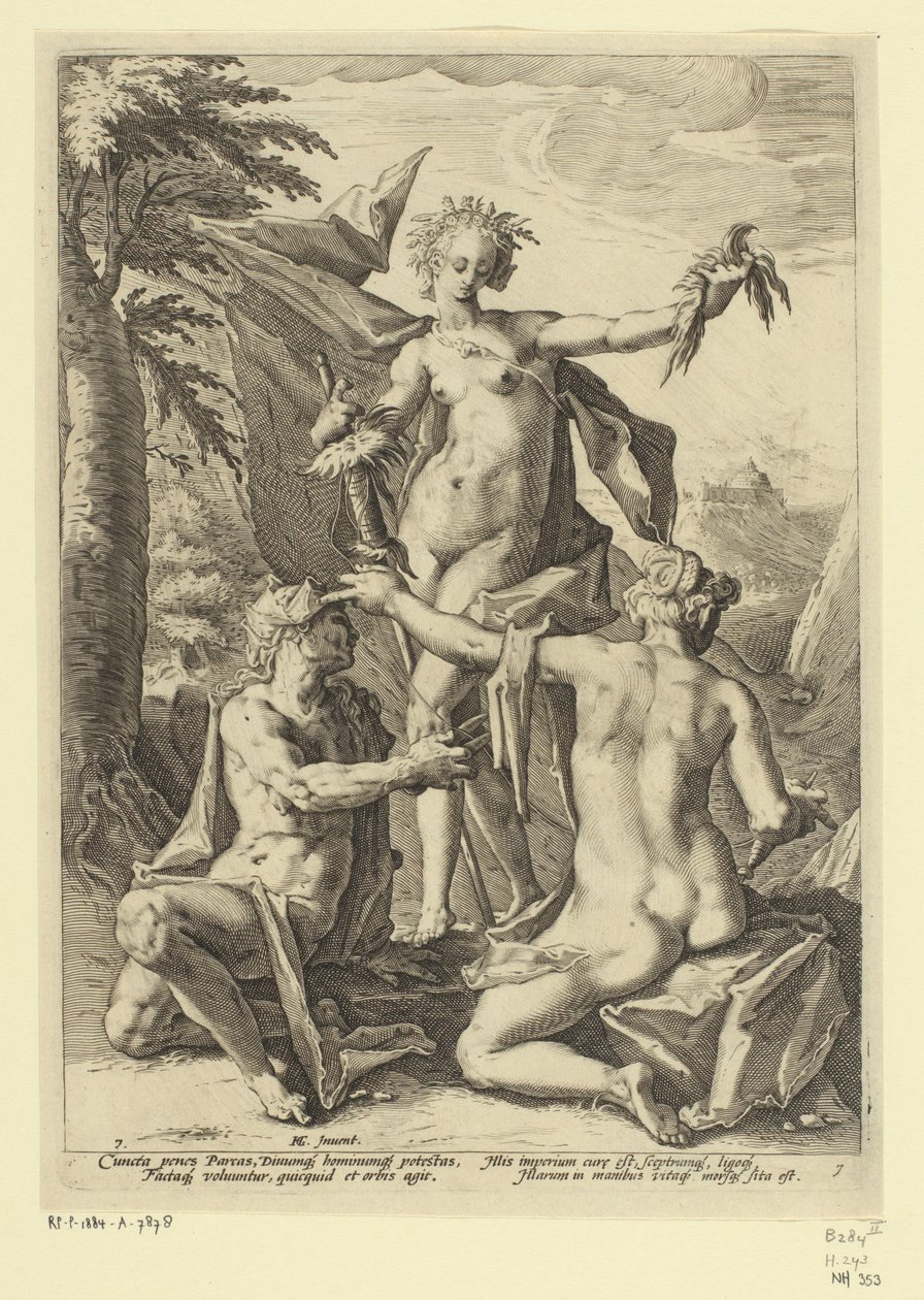 Tre skjebner Mytologiske og allegoriske representasjoner (serietittel) av Jacob Matham (attributed to)