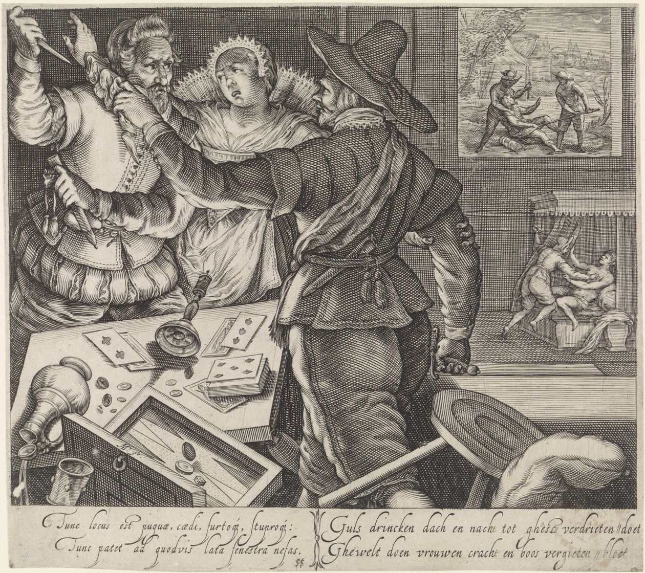 Kortspillere som kjemper med våpen som er trukket Slåss på et bordell The Effects of Drunkenness (serietittel) av Jacob Matham