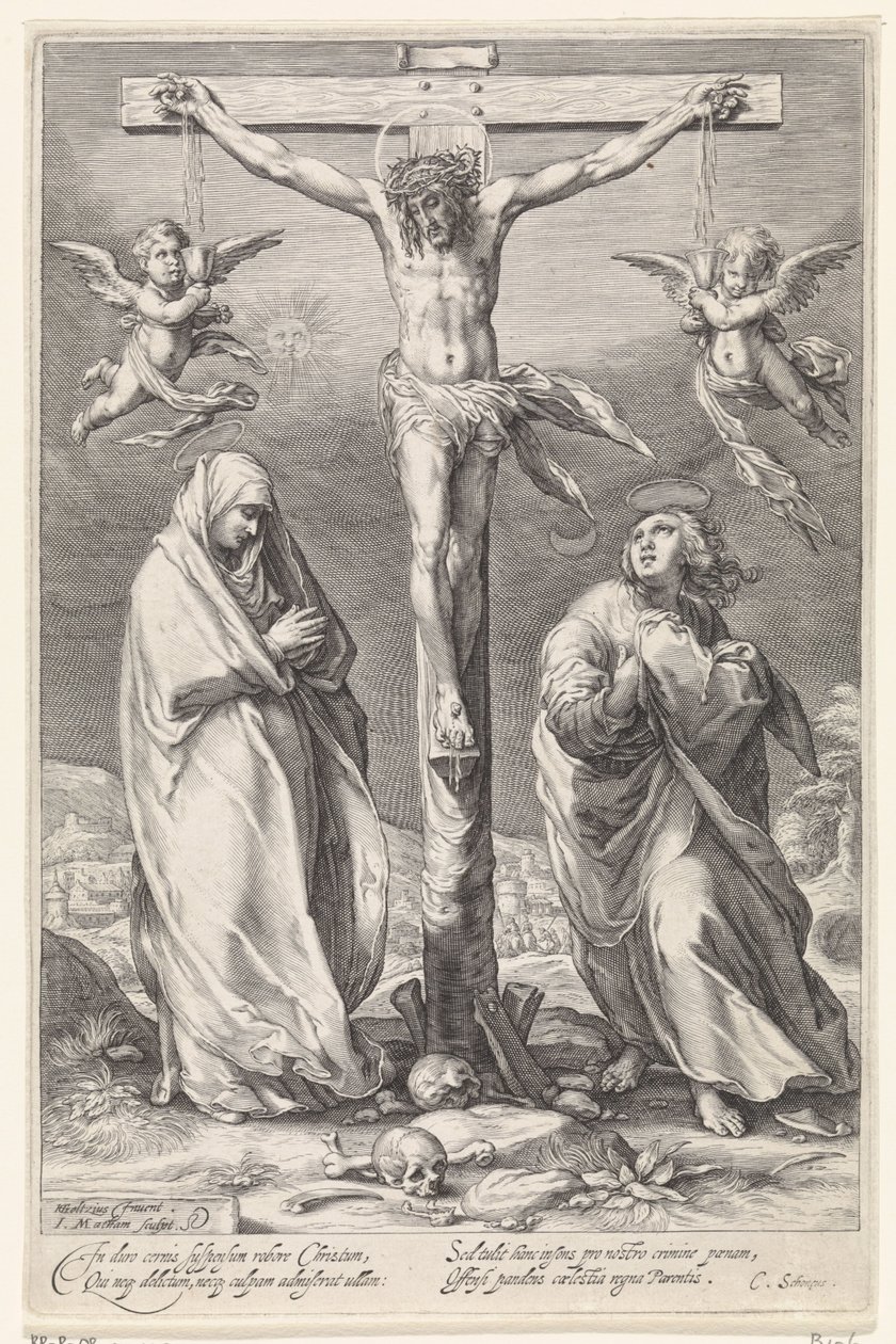 Kristus på korset, med Johannes og Maria av Jacob Matham
