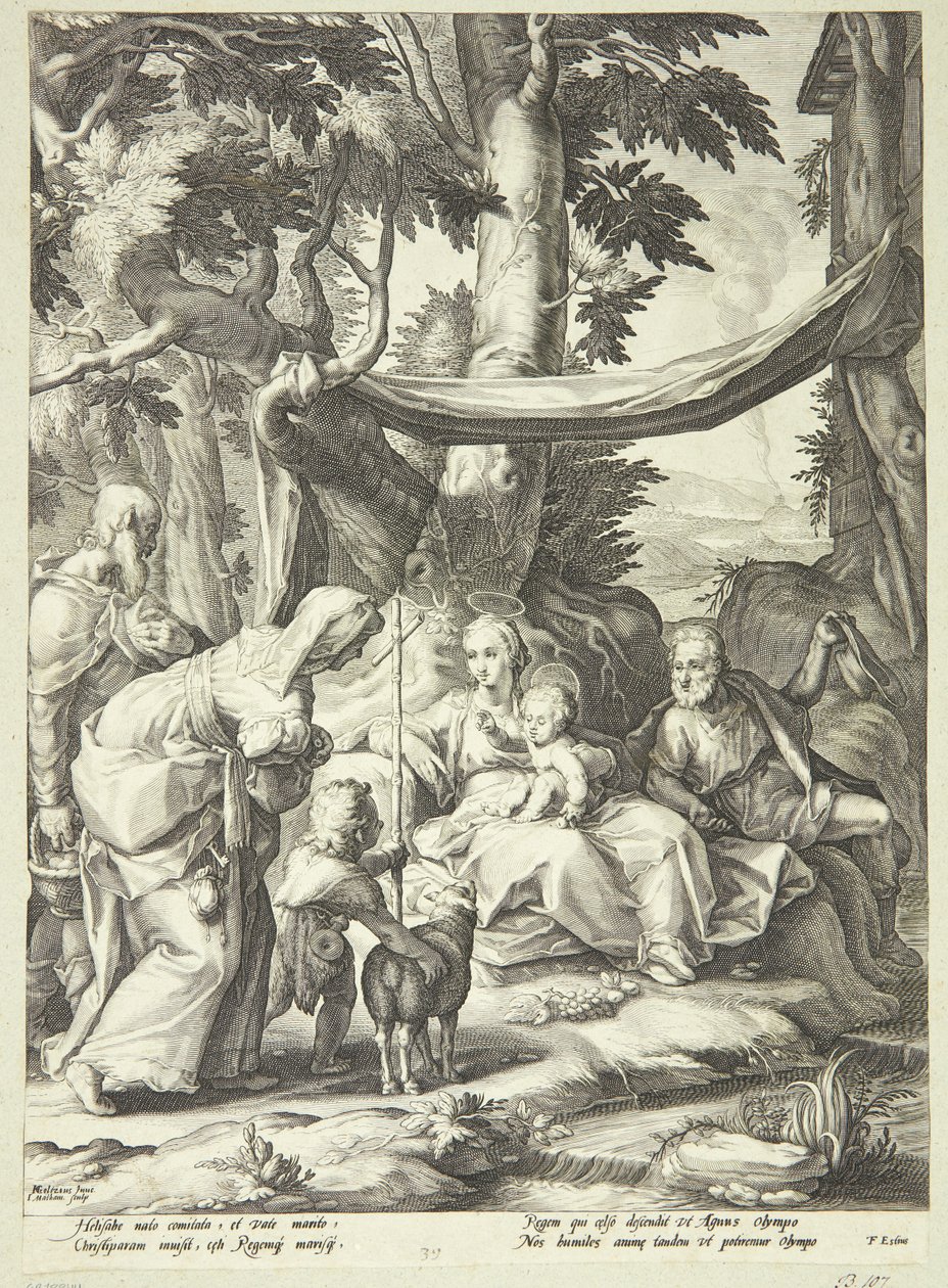 Den hellige familie satt i et landskap med Elizabeth, Zacharias og døperen Johannes som barn av Jacob Matham