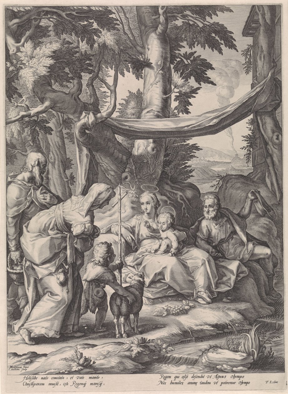H. Familie med Elizabeth, Sakarias og barnet døperen Johannes av Jacob Matham