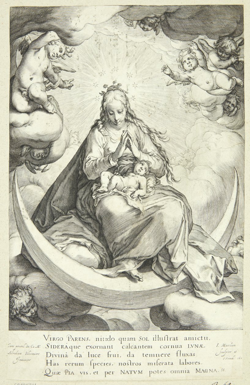 Jomfru Maria med Jesusbarnet på halvmånen, omgitt av engler av Jacob Matham