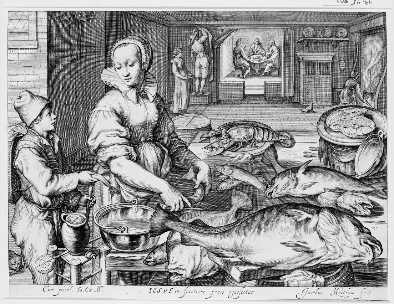 Kjøkkenscene med en kjøkkenpike som tilbereder fisk, Kristus i Emmaus i bakgrunnen, fra Kjøkken- og markedsscener med bibelske scener i bakgrunnen av Jacob Matham