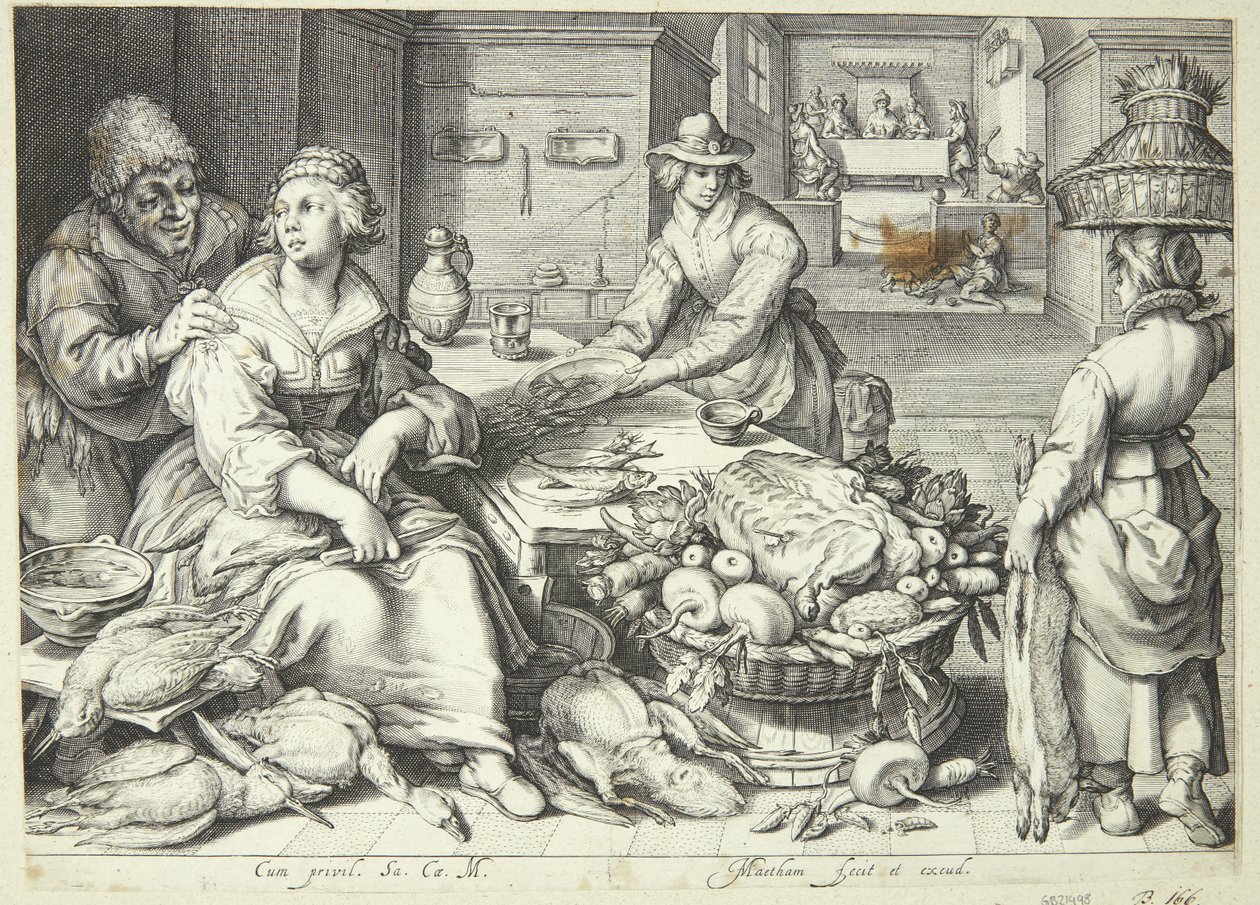 Kjøkkenscene med en kjøkkendame som plukker fjørfe av Jacob Matham