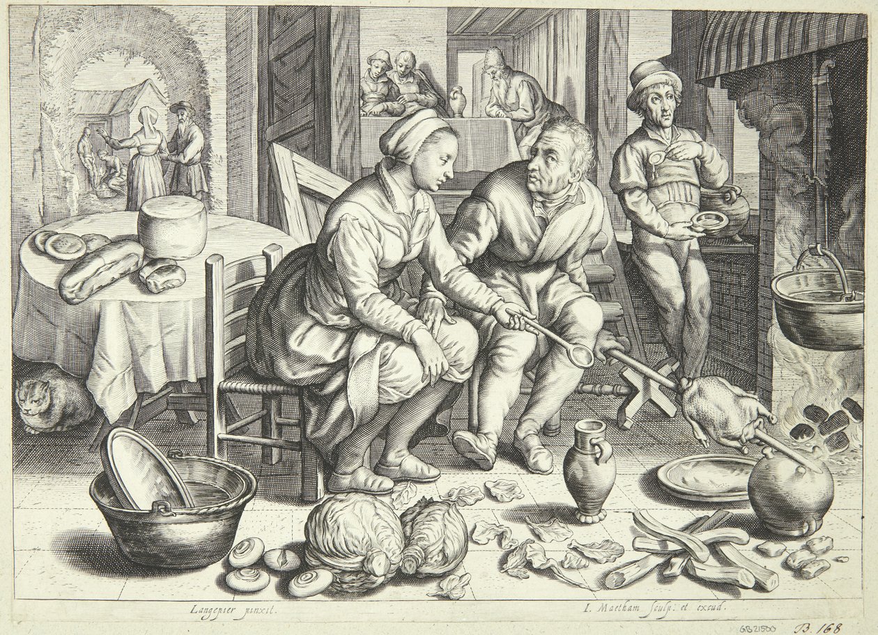 Kjøkkenscene med en mann og en kvinne som steker en kylling av Jacob Matham