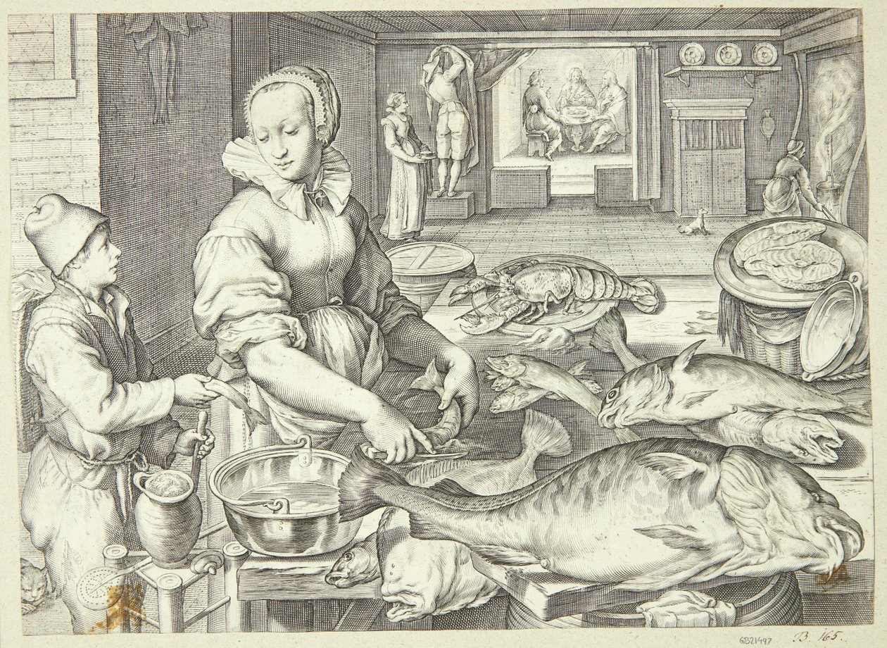 Kjøkkenscene med en kjøkkendame som vasker fisk av Jacob Matham