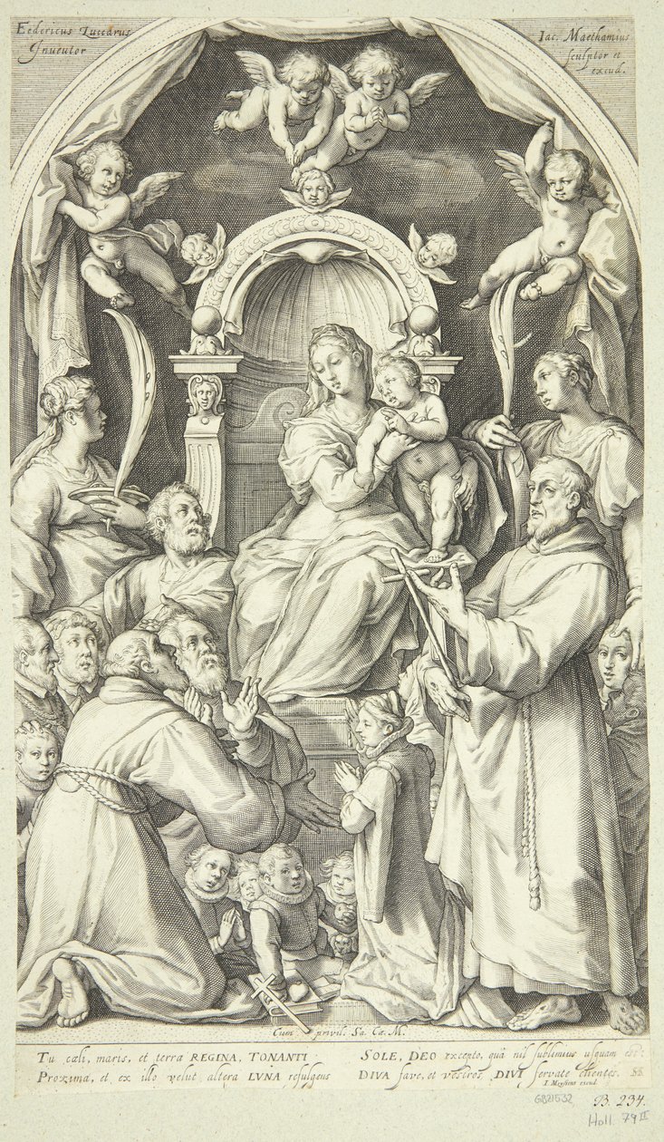 Maria og barnet med beskyttere og helgener (Saint Lucia, Katarina av Alexandria, Frans av Assisi og medlemmer av Zuccaro-familien) av Jacob Matham