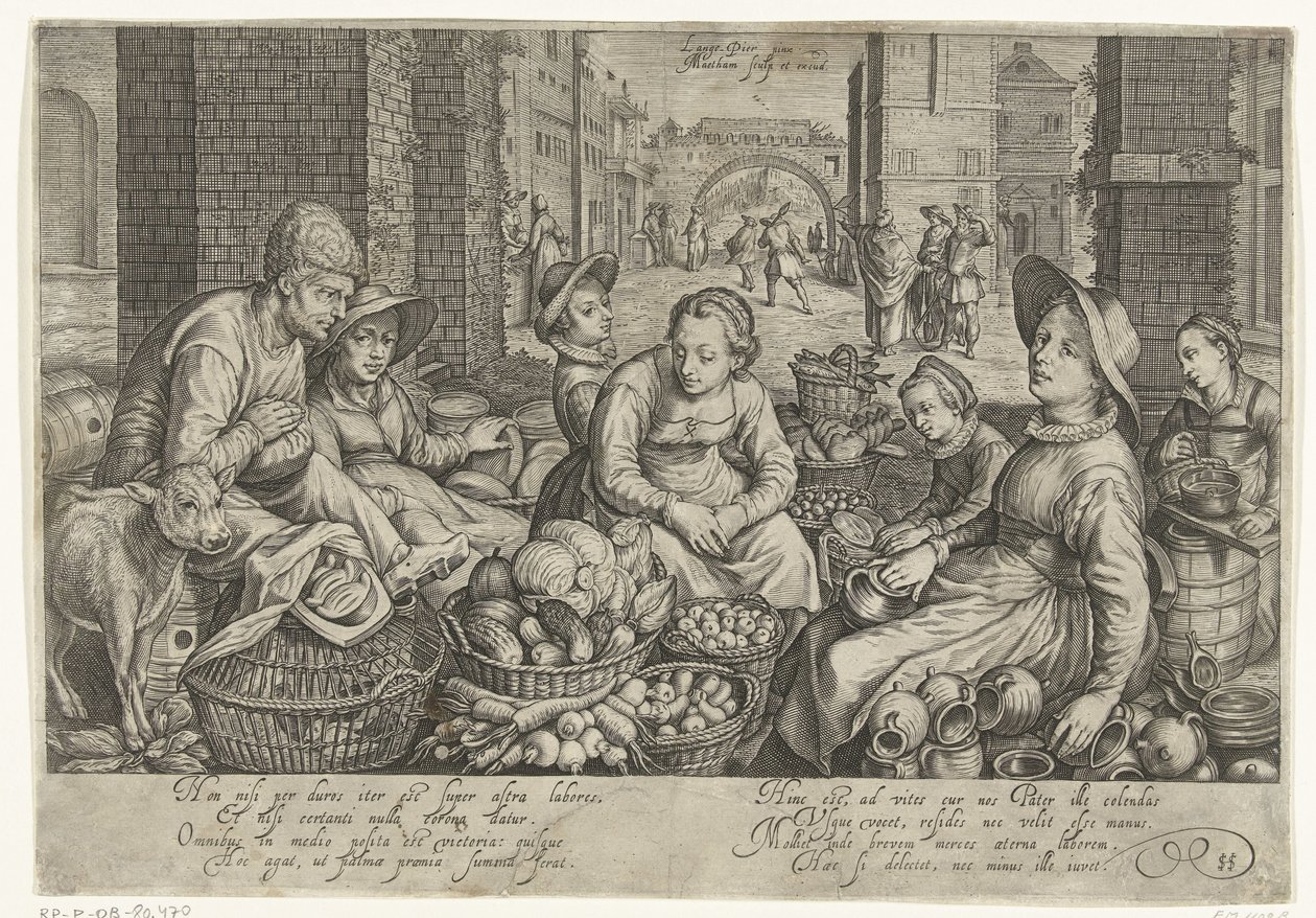 Markedsscene med lignelsen om arbeiderne i vingården i bakgrunnen, ca 1600 av Jacob Matham
