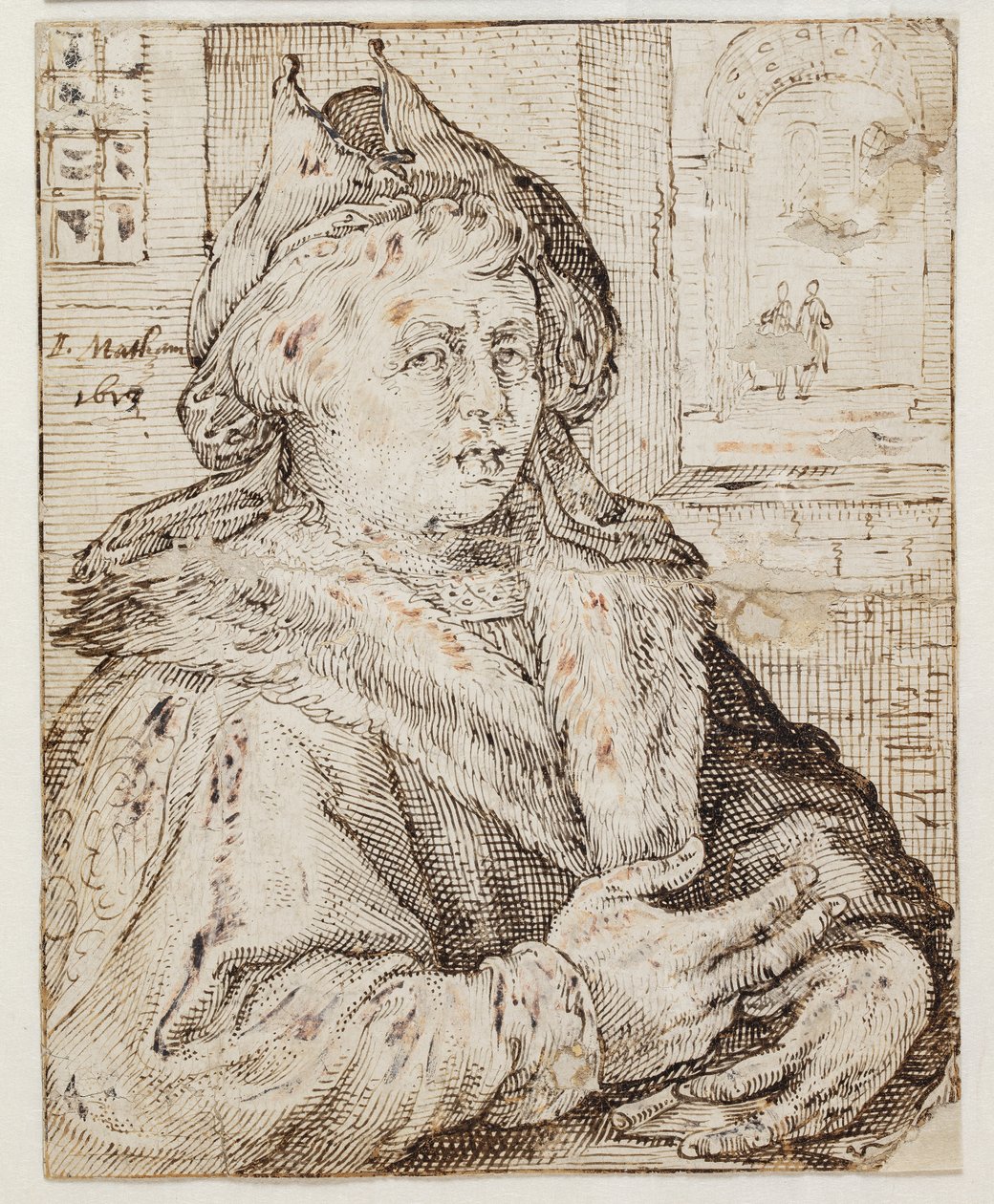Portrett av en mann med hatt og pelsbremmet kappe, vendt mot h. T.h. gjennom et vindu som åpner utsikt til andre rom av Jacob Matham