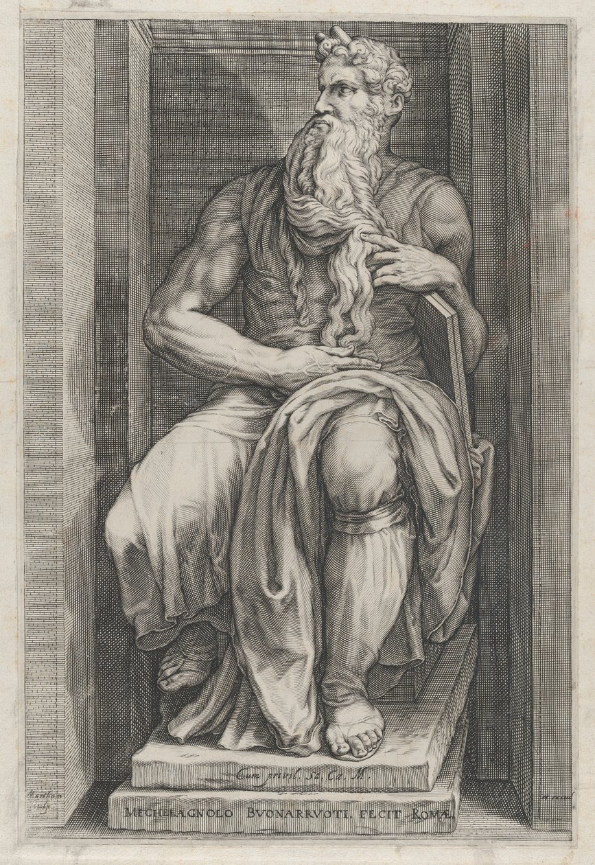 Mirror of Roman Magnificence: Moses etter skulpturen av Michelangelo, 1500-tallet..., 1500-tallet. av Jacob Matham