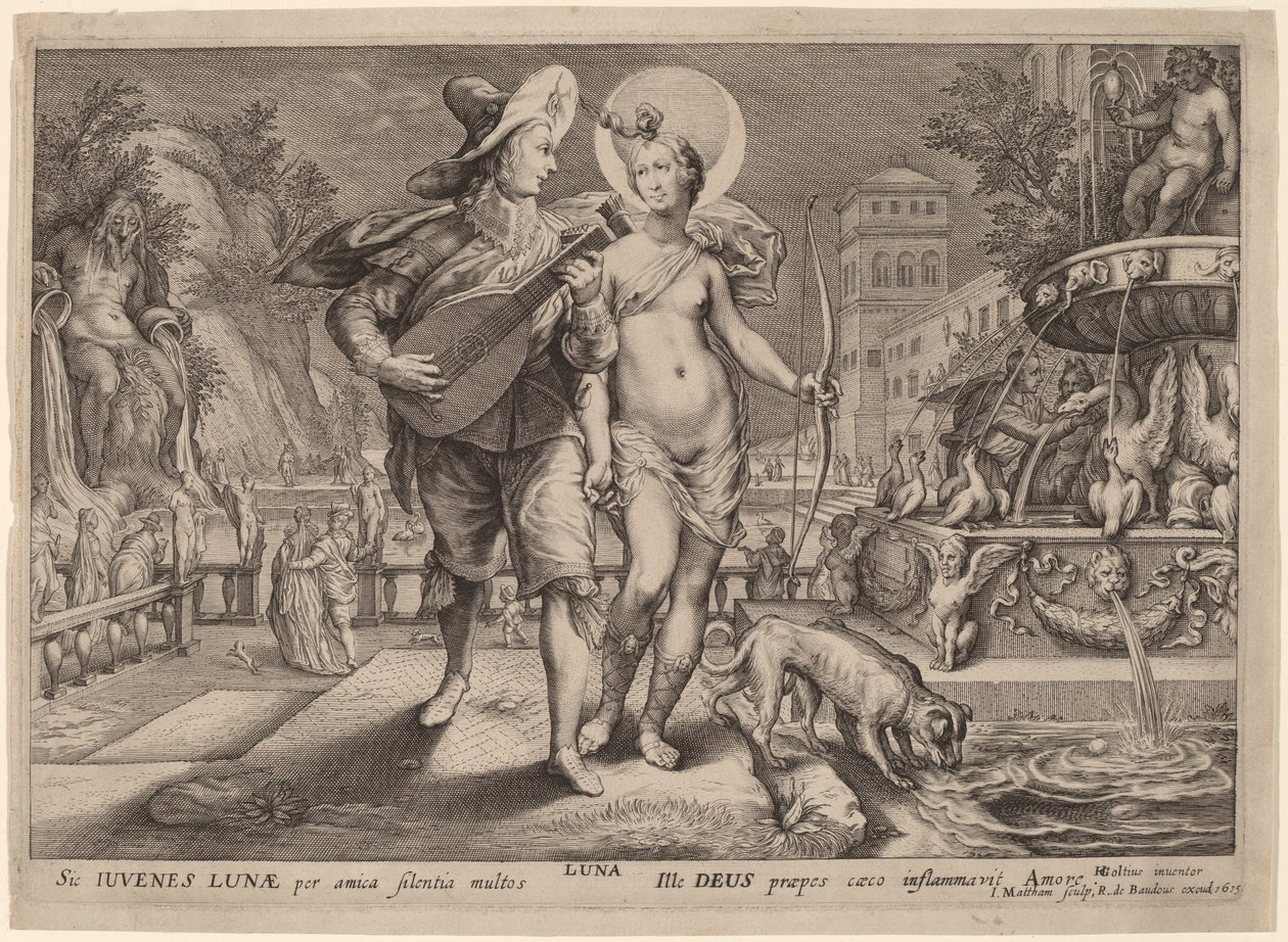 Diana som Luna som akkompagnerer en ung mann som serenade av Jacob Matham, after Hendrik Goltzius