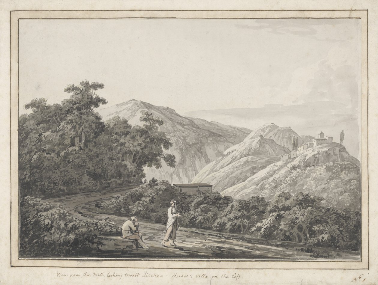 Utsikt nær møllen med utsikt mot Licenza: Horaces Villa til venstre, 1783 (grå vask med penn og svart blekk på papir) av Jacob More